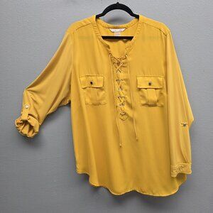 Nygard Shirt Womens 3X Yellow Lace Up V Neck Roll Tab Tunic Top Plus Blouse